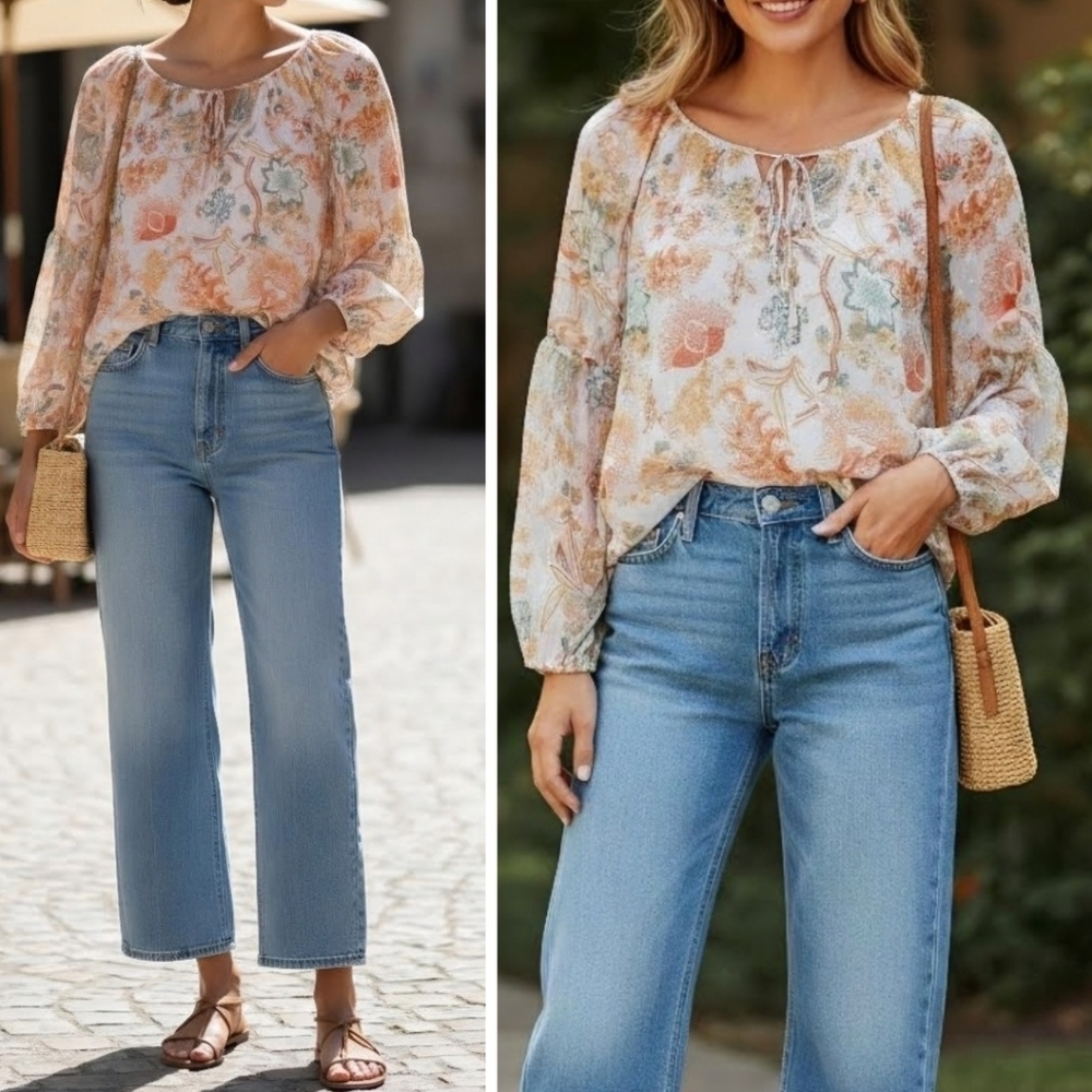 New! Flying Tomato Zoey Floral Bohemian Gypsy Hippie Balloon Sleeve Chiffon Top